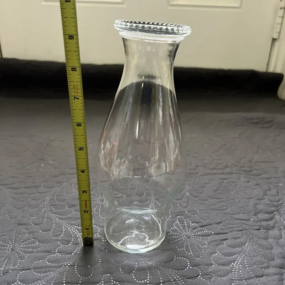 VTG Anchor Hocking Prescut Clear Glass Hurricane Lamp Chimney Beaded Top Vase